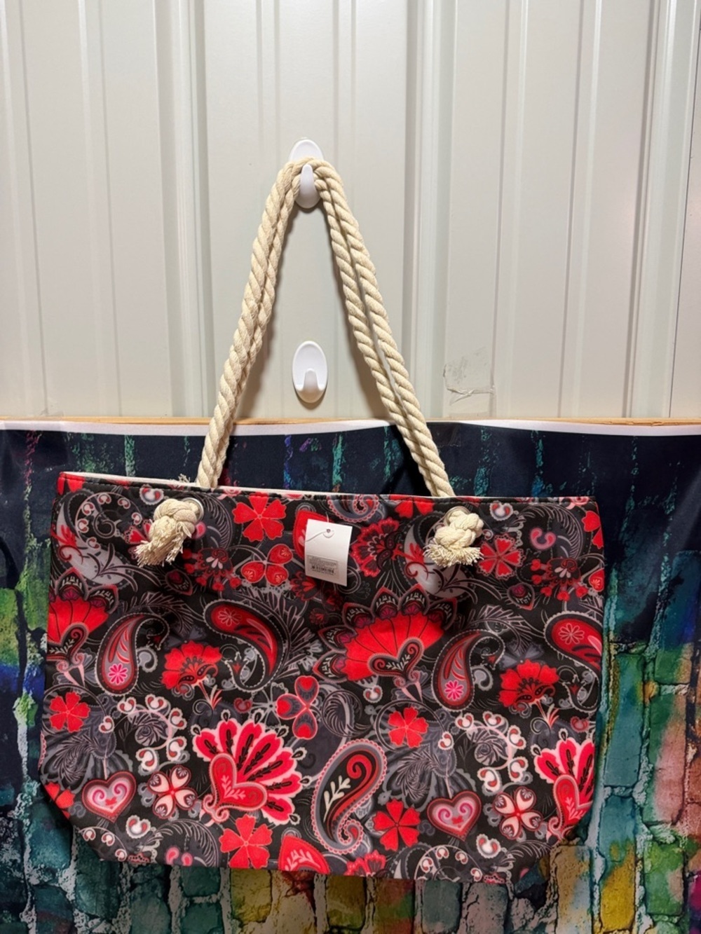 Red & Black Floral Paisley Rope-Handle Tote Bag new